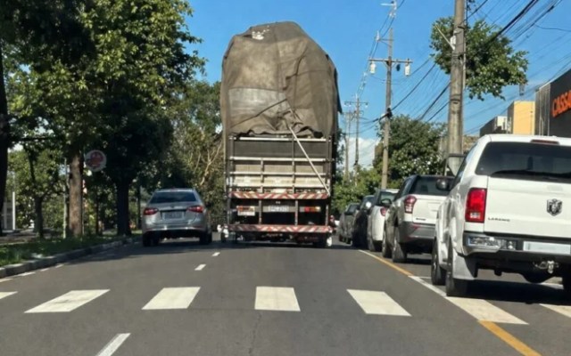 Caminhão derruba semáforo após atingir fiação e galhos de árvores em avenida de Maringá