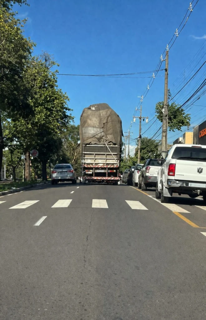 Caminhão derruba semáforo após atingir fiação e galhos de árvores em avenida de Maringá